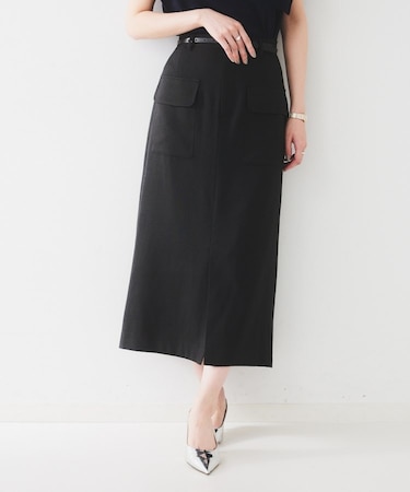 【きれいめ/前スリット】麻混カーゴスカート