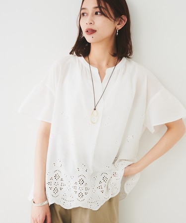 【セットアップ可/コットン100】スカラップ刺繍ブラウス