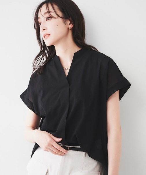 【洗える/スキッパー】フレンチスリーブシアーブラウス