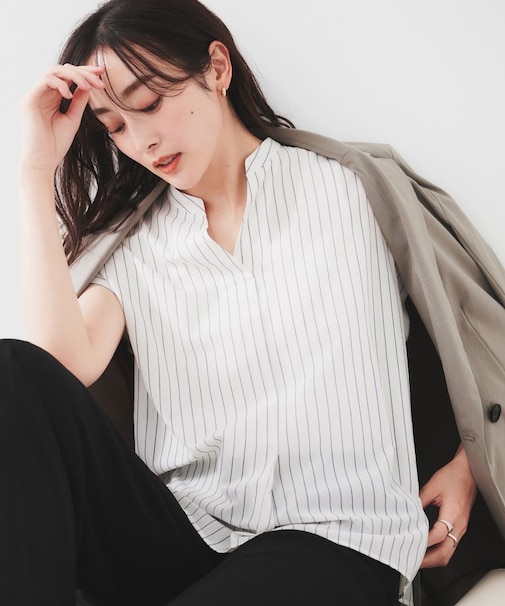 【洗える/スキッパー】フレンチスリーブシアーブラウス