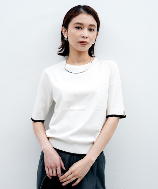 【アンサンブル可/薄手/洗える】5分袖クルーニット
