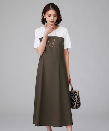 【きれいめカジュアル/セミフレア】異素材ドッキングワンピース