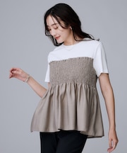 【コットン100/洗える/Tシャツ】シャーリングドッキングペプラム