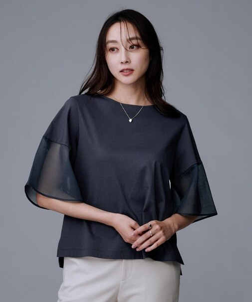 【コットン100/Tシャツ/フレア袖】シアースリーブ プルオーバー