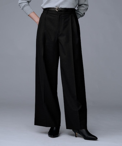 【洗える/ウエスト後ろゴム】ウール混　タックワイドパンツ