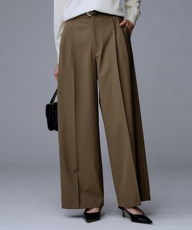 【洗える/ウエスト後ろゴム】ウール混　タックワイドパンツ