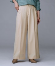 【洗える/ウエスト後ろゴム】ウール混　タックワイドパンツ