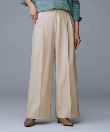 【洗える/ウエスト後ろゴム】ウール混　タックワイドパンツ