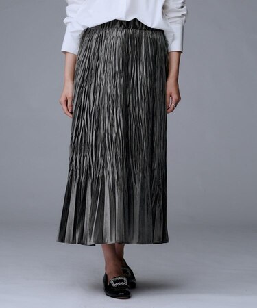 【ウエストゴム／着映え】ランダムプリーツベロアスカート