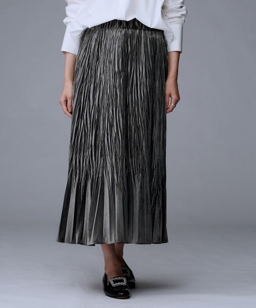 【ウエストゴム／着映え】ランダムプリーツベロアスカート