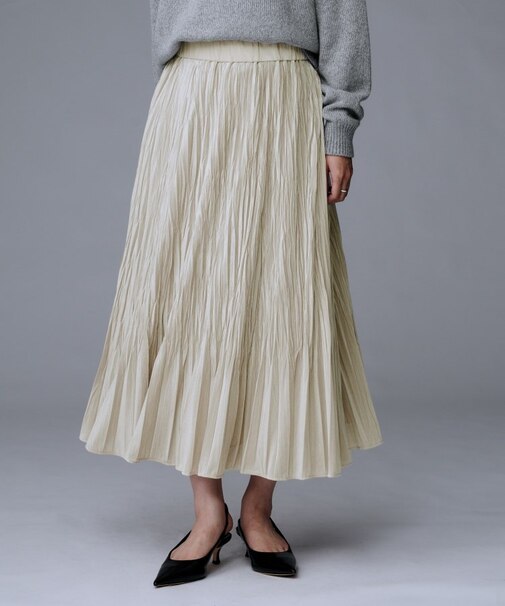 【ウエスト総ゴム／ロング丈】ランダムプリーツベロアスカート
