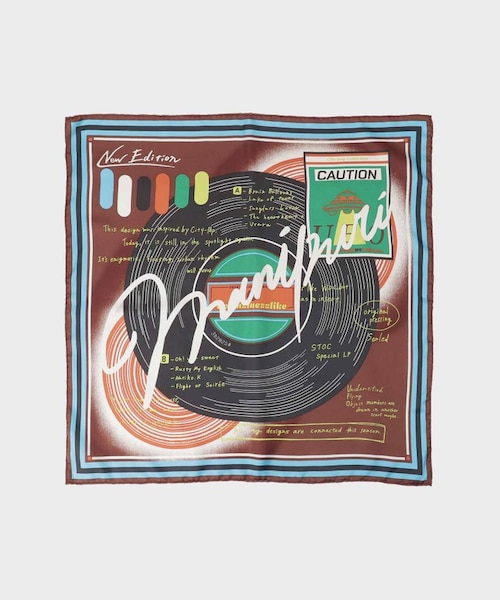 新品未使用　manipuri シルクスカーフ　レコード　新作 manipuri】65×65正方形 レコード シルクスカーフ｜アンタイトル