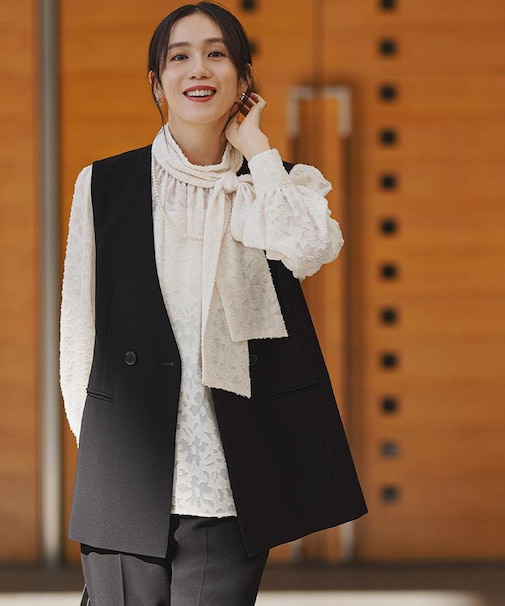 【洗える/ストレッチ性/セットアップ可】バックラッフルジレ