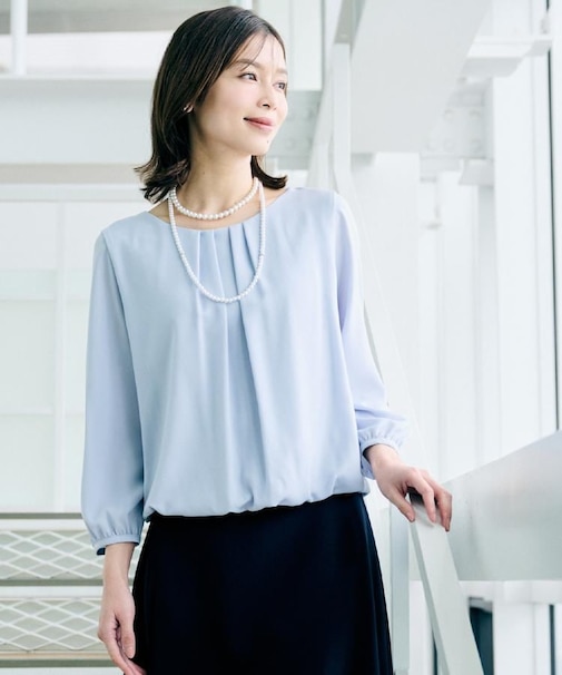 【透けにくい/ウエストイン見え】タックブラウス
