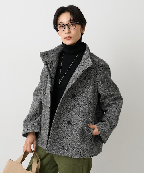 【スタンドカラー/オンオフ使える】クラシカルツイードコート