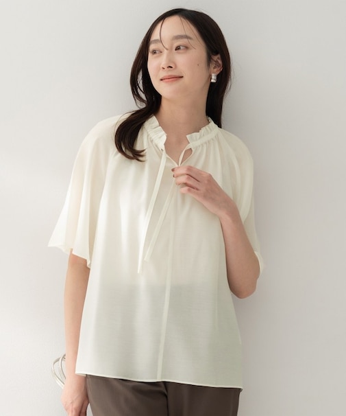 【シアー/首元フリル】シルキーシフォンブラウス