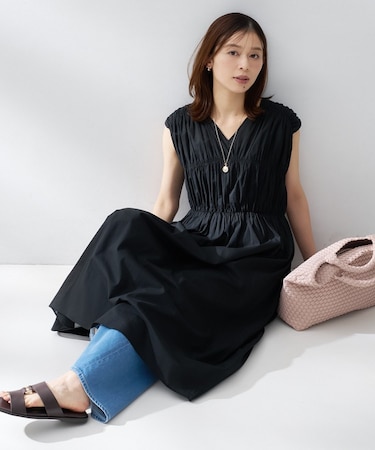 【フレンチスリーブ/着映え】シャーリングロングワンピース