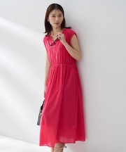 【フレンチスリーブ/着映え】シャーリングロングワンピース