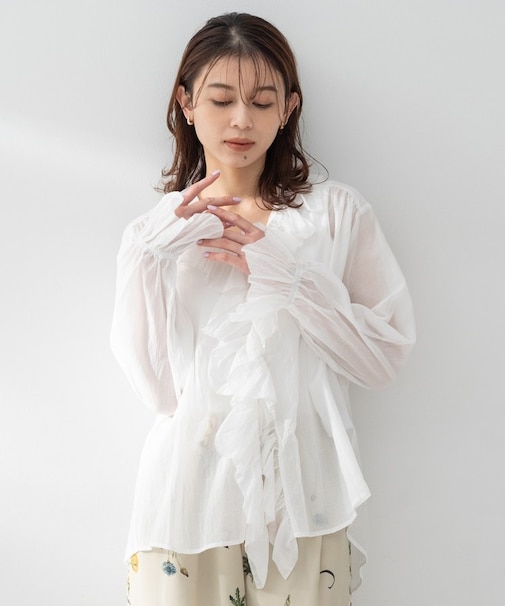【Liyoca】コットンシフォンフリルブラウス