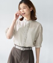 【接触冷感/通気性/洗える】スタンドカラーフリルブラウス