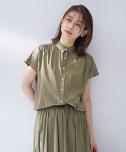 【セットアップ可/光沢感/前開きボタン】ローンギャザーブラウス