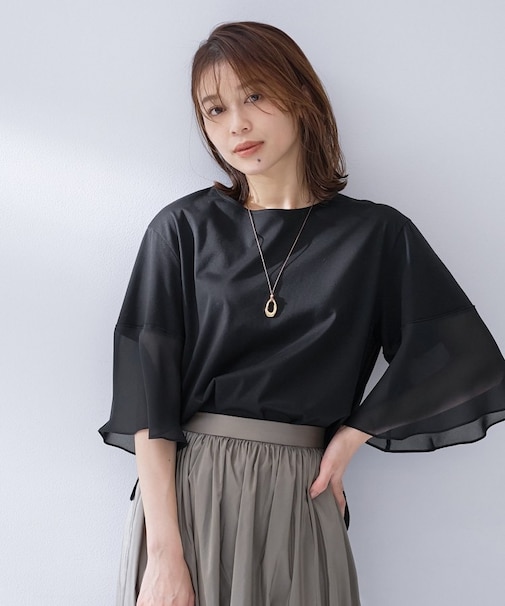 【洗える／袖シアー／Tシャツ風】袖シアープルオーバー