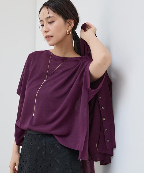 【アンサンブル可/品のある透け感】Tシャツ風ニットトップス