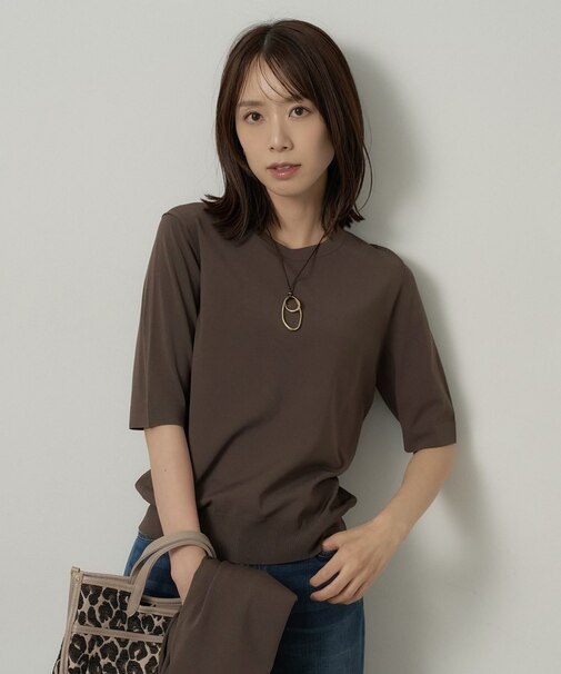 【アンサンブル可/上品な清涼感】コンパクト5分袖ニット