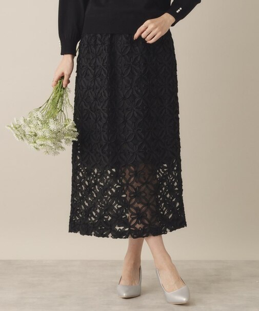 【手洗い可/ウエスト総ゴム】花チュールタイトスカート