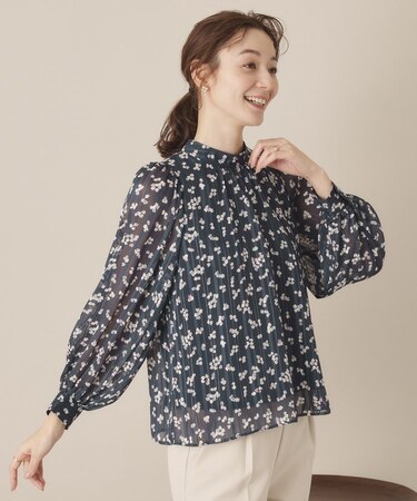 【通勤／手洗い可】ラメストストライプ花柄ブラウス