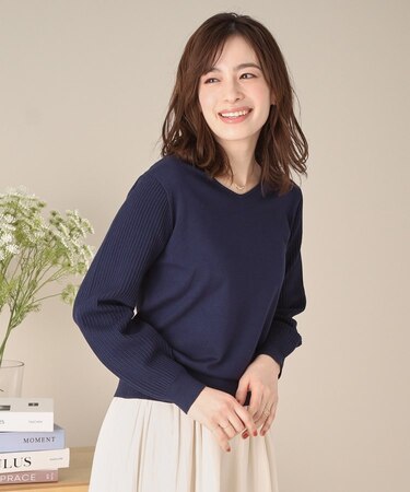 【アンチピリング／洗濯機OK】袖編地変化ニット