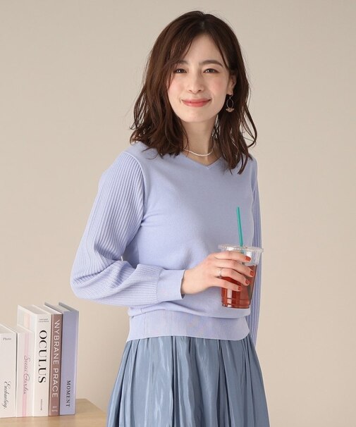 【アンチピリング／洗濯機OK】袖編地変化ニット