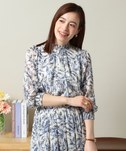 【手洗い可／セットアップ可】ラメストライプ7分袖ブラウス