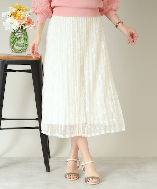 【ウエストゴム／手洗い可】レースプリーツスカート