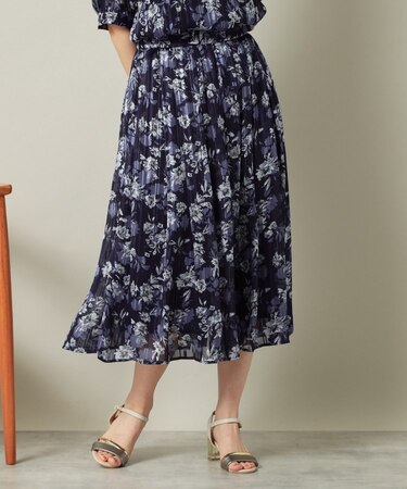 【ウエストゴム／手洗い可】ラメストライプ花柄スカート