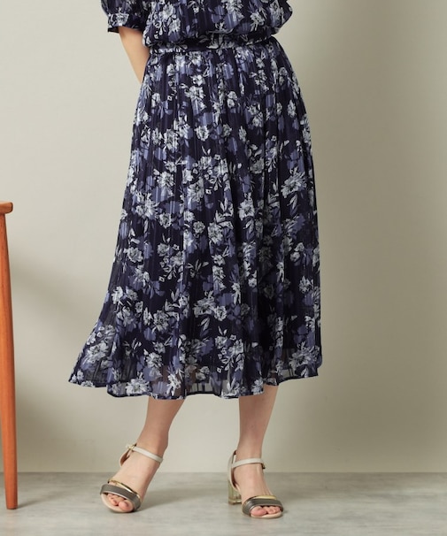 【ウエストゴム／手洗い可】ラメストライプ花柄スカート