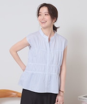 【洗濯機OK】ギャザーストライプブラウス
