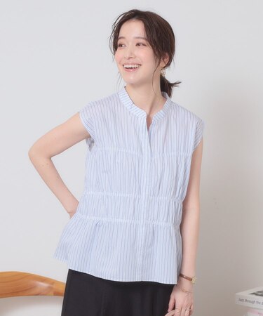 【洗濯機OK】ギャザーストライプブラウス