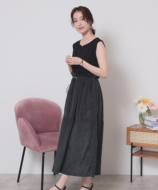 【ウエストゴム／洗濯機OK】異素材コンビワンピース