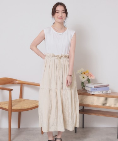 【ウエストゴム／洗濯機OK】異素材コンビワンピース