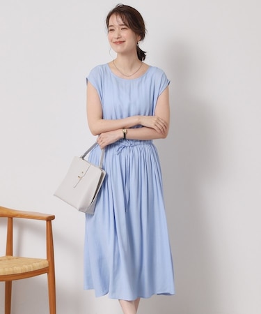 【さらりタッチ／手洗い可】強撚スラブブラウジングワンピース