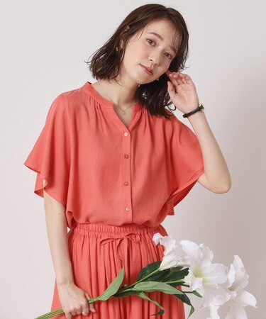 【接触冷感／羽織にも／手洗い可】強撚スラブフリル袖ブラウス