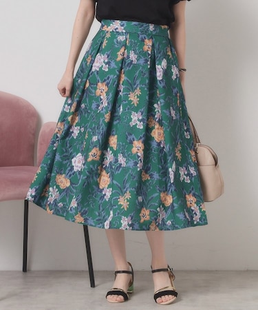 【清涼感／ウエストゴム／手洗い可】花柄麻調スカート