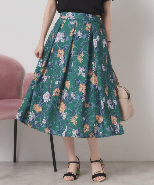 【清涼感／ウエストゴム／手洗い可】花柄麻調スカート