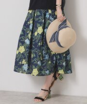 【清涼感／ウエストゴム／手洗い可】花柄麻調スカート
