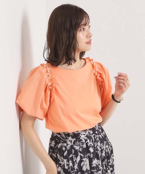 【手洗い可】パール調飾り付きパフ袖プルオーバー