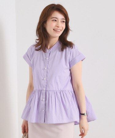 【接触冷感／手洗い可】ストライプペプラムブラウス