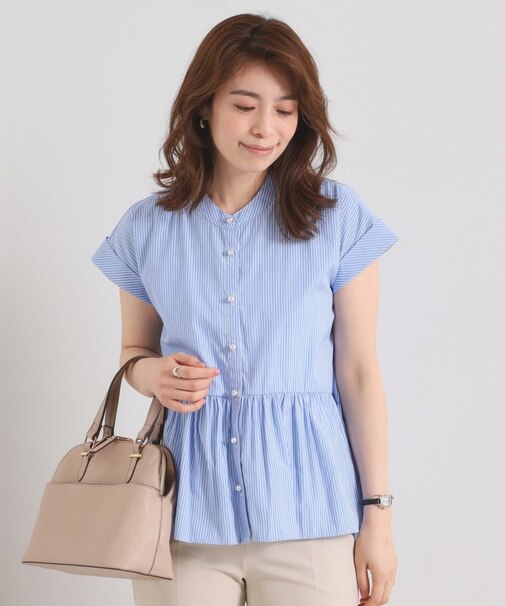 【接触冷感／手洗い可】ストライプペプラムブラウス