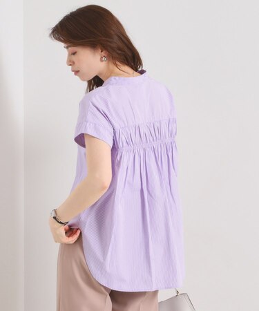 【接触冷感／手洗い可】ストライプバックギャザーブラウス