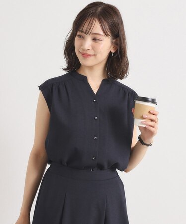 【UVカット／速乾／冷感／洗濯機OK／洗濯後しわになりにくい】麻調ストレッチ前開きブラウス＜ラク服シリーズ＞